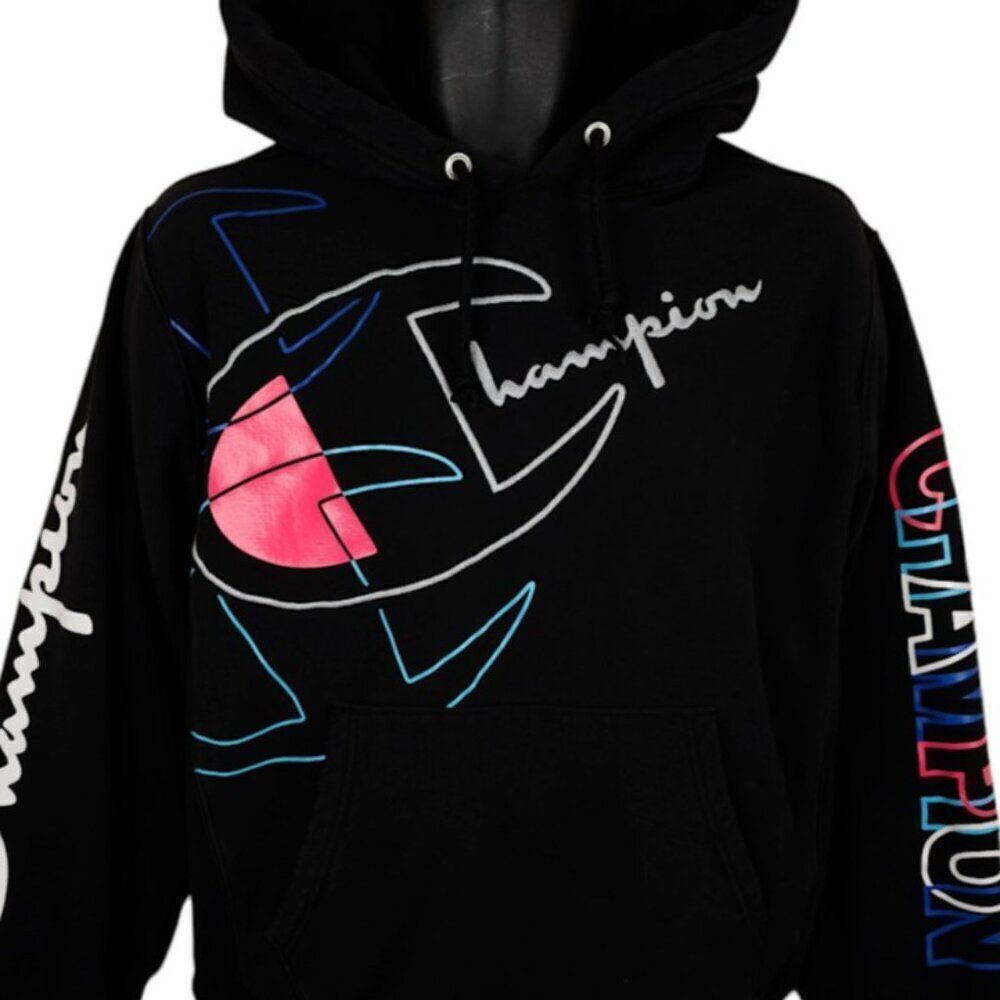 Champion Reverse Weave Sweatshirt Hoodie Mens Size Medium Black Mega Logo